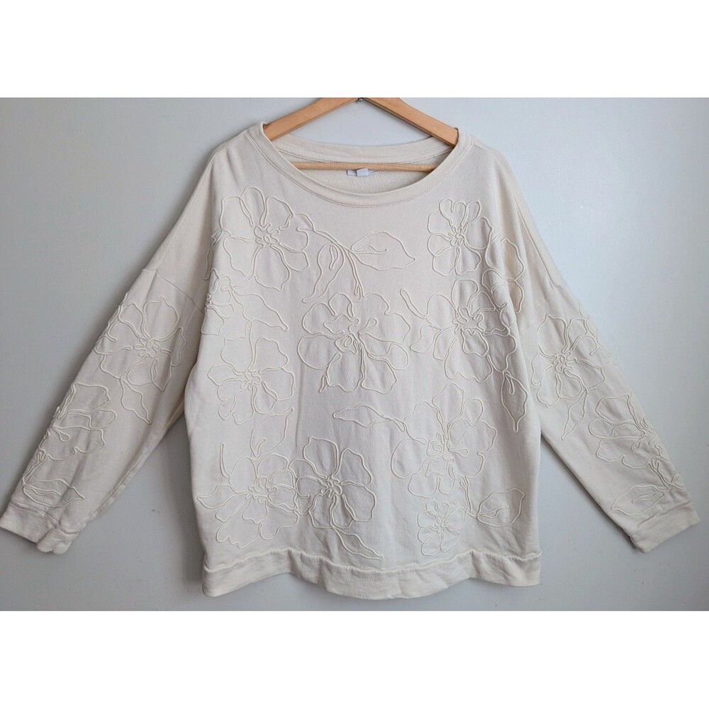 J Jill Embroidered Floral Soutache Sweatshirt 100% Cotton Pullover Cottage Top L - Picture 2 of 13